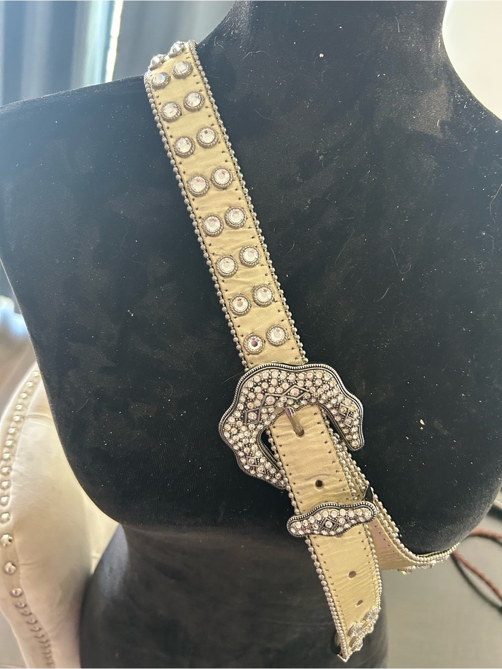 Christine Alexander Embellished Beige leather/rhines Belt with Decorative Buckle